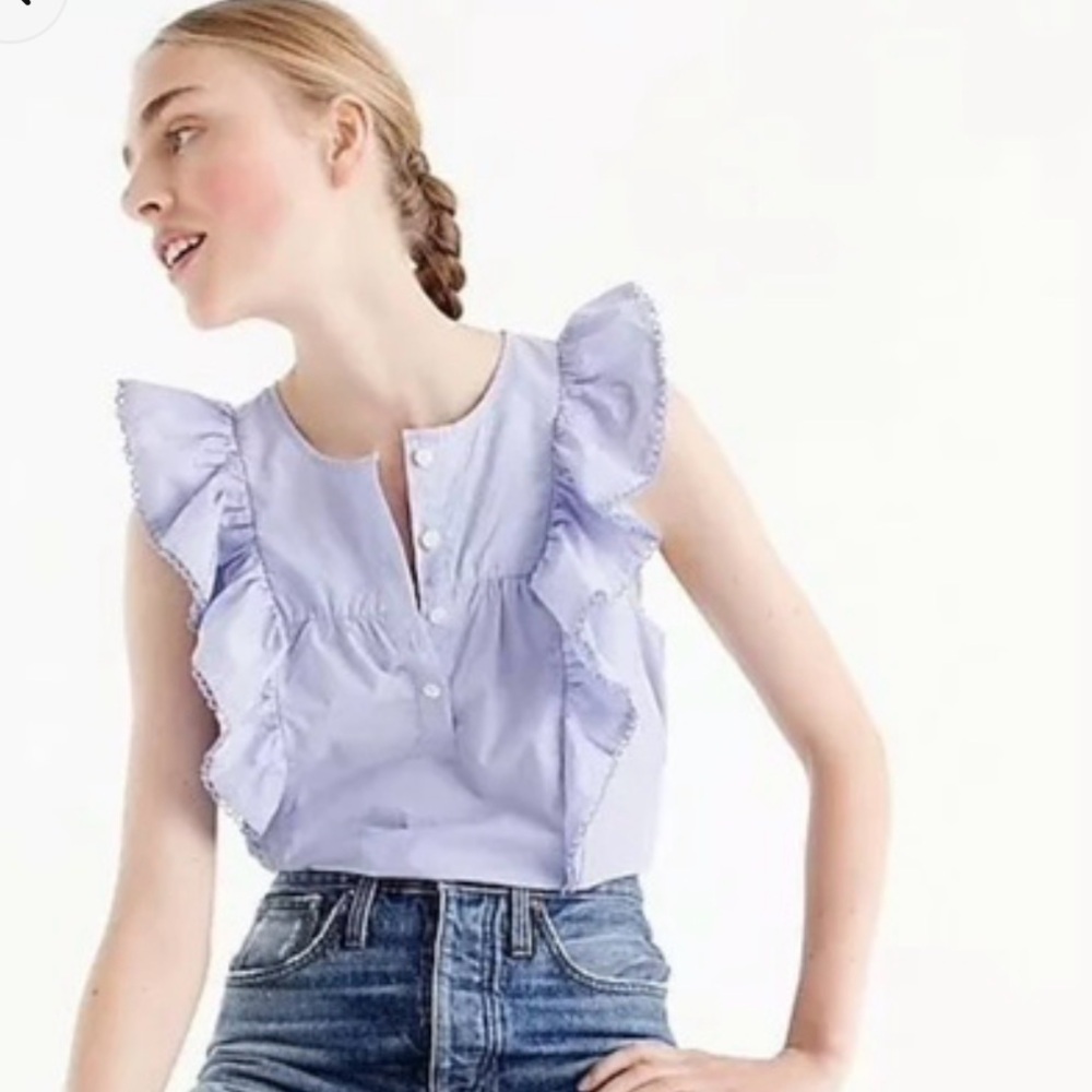 J. Crew Light Blue Ruffle-Sleeve Cotton Popover Blouse